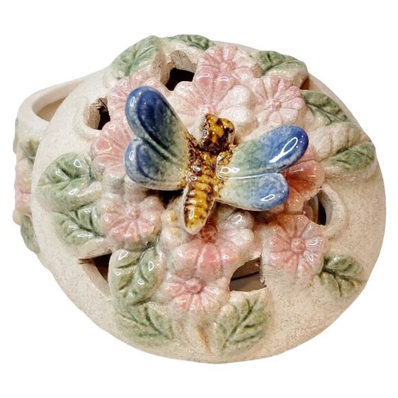 Vintage Potpourri Trinket Box Lidded Jewelry Box With Dragon Fly Floral - Picture 7 of 12